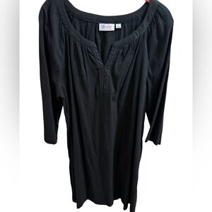 D&Co Denim & Company Black Tunic Top Large Rhinestone Neckline 3/4 Sleeve